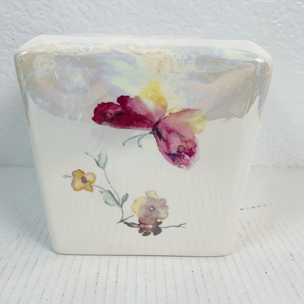 Mariposa Ceramic Tissue Box Cover Flowers And Butterflies 6 X 6 Iridescent Shiny